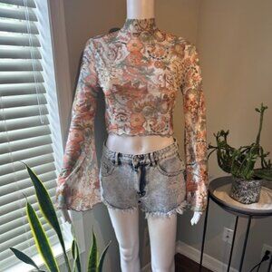 Cream/Tan Sheer Crop Top w/Trumpet Sleeves